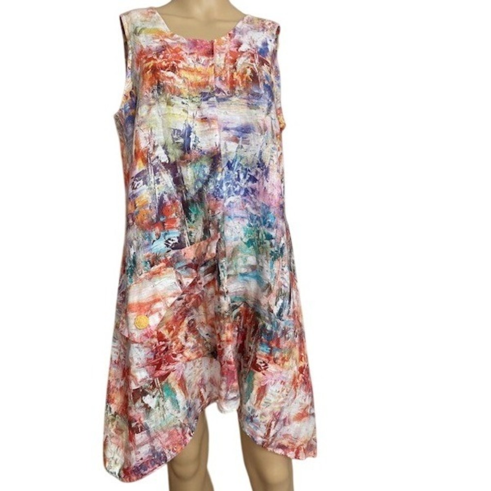 Niche Art Print Women's L Dress 100% Linen Tunic Lagen Look Asymetric Hem